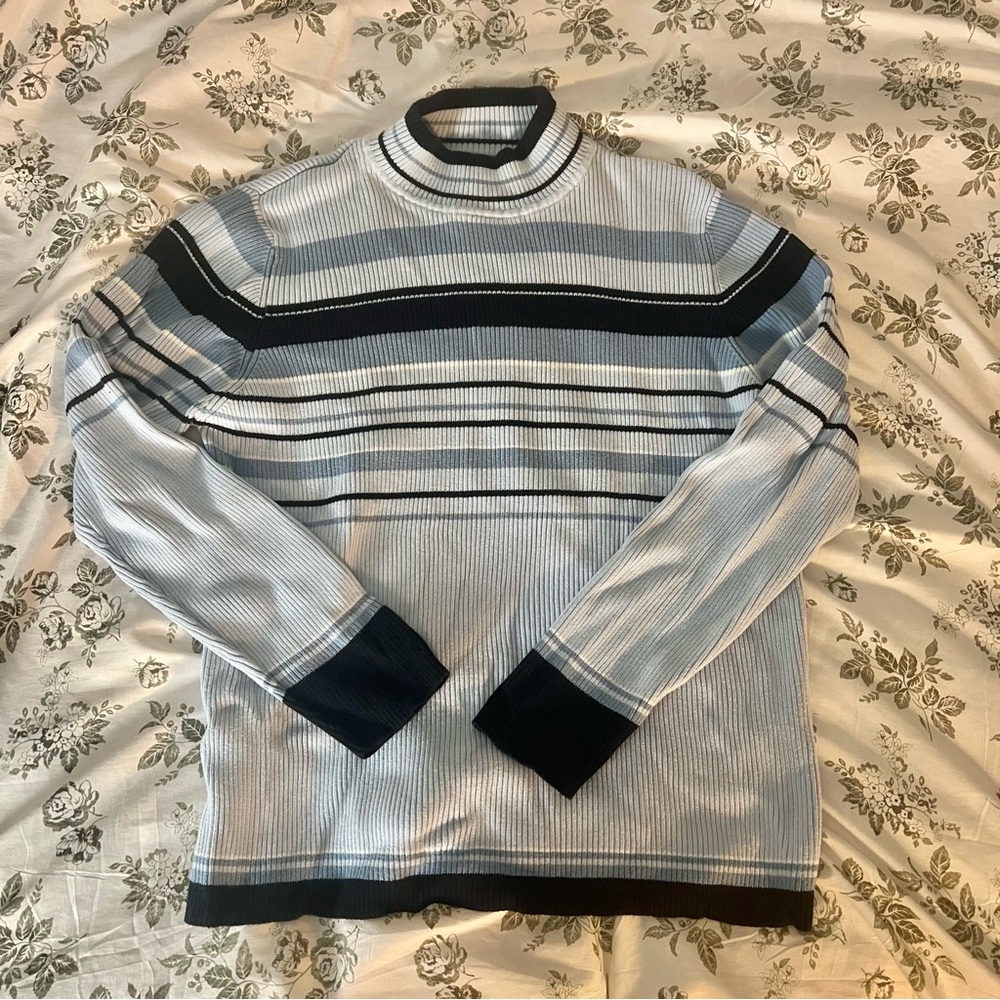 Karen Scott Blue Cotton Striped Mock / Turtleneck Sweater Size Large